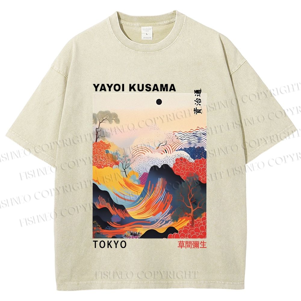 Unisex Japanese Art Wave Yayoi Kusama Printed Washed Tee
