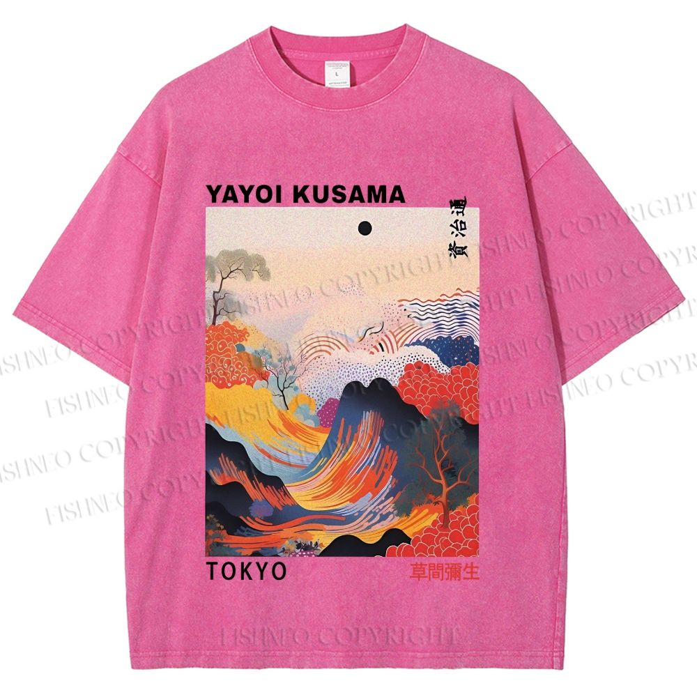 Unisex Japanese Art Wave Yayoi Kusama Printed Washed Tee