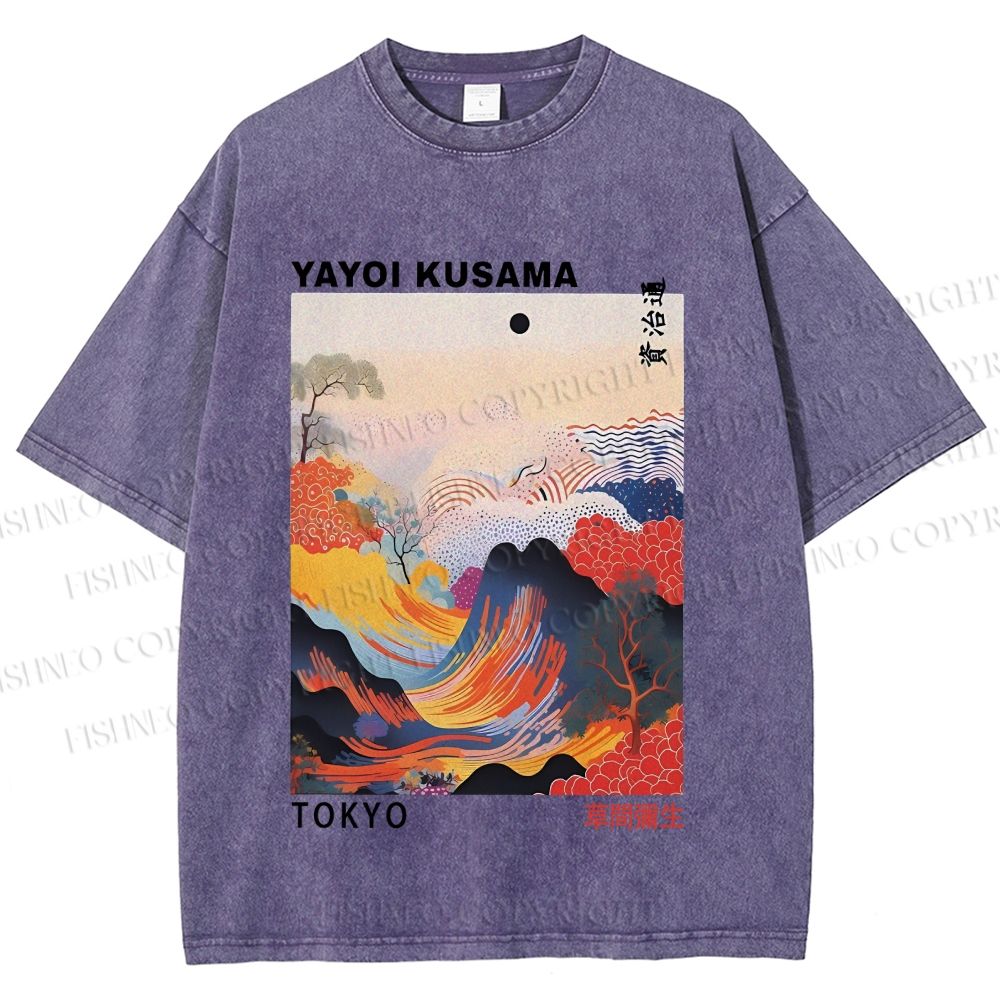 Unisex Japanese Art Wave Yayoi Kusama Printed Washed Tee