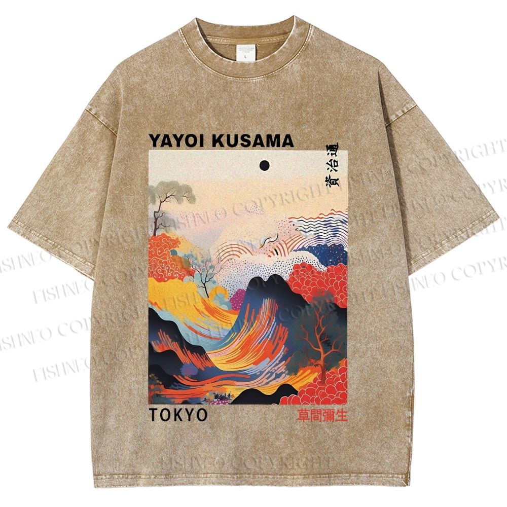 Unisex Japanese Art Wave Yayoi Kusama Printed Washed Tee
