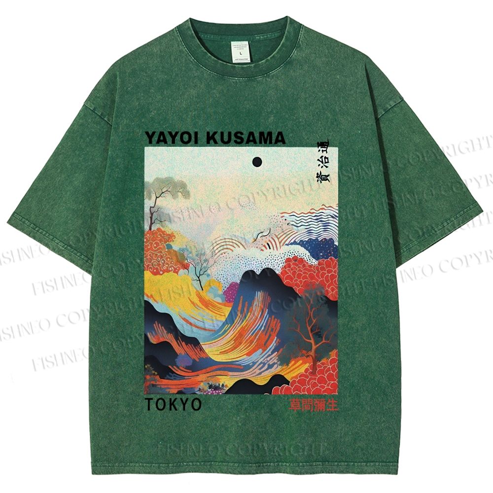 Unisex Japanese Art Wave Yayoi Kusama Printed Washed Tee