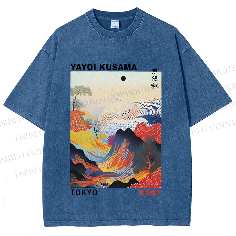 Unisex Japanese Art Wave Yayoi Kusama Printed Washed Tee