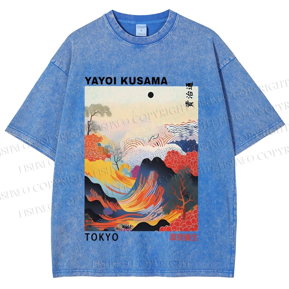 Unisex Japanese Art Wave Yayoi Kusama Printed Washed Tee