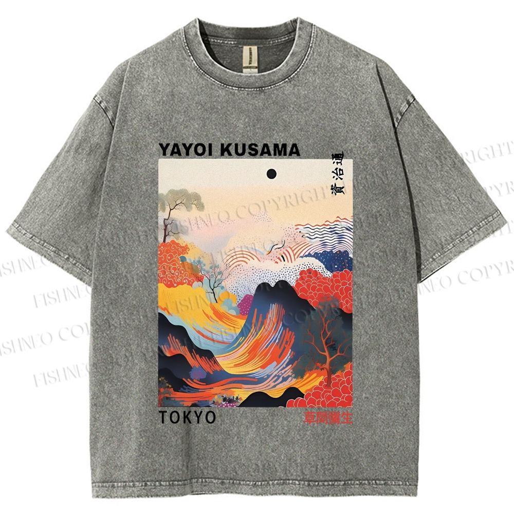 Unisex Japanese Art Wave Yayoi Kusama Printed Washed Tee