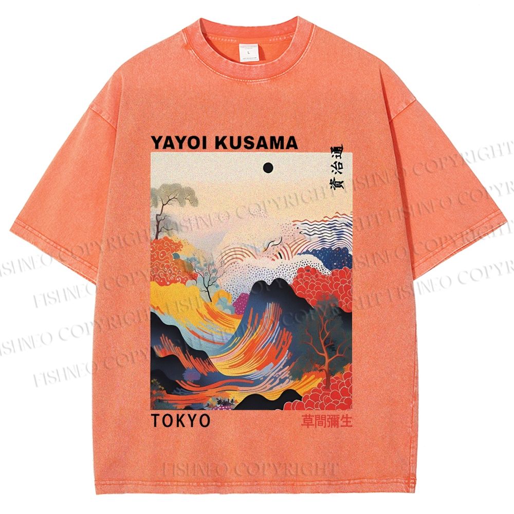 Unisex Japanese Art Wave Yayoi Kusama Printed Washed Tee