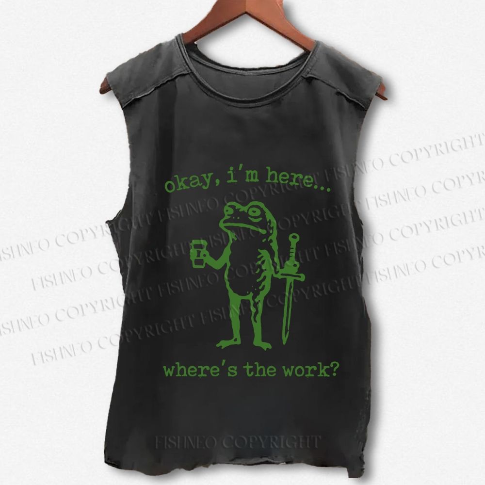 Unisex Vintage Where Is The Work Frog Printed Washed Tank Top