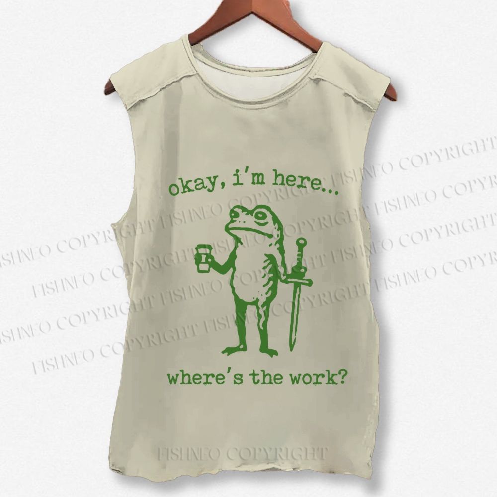 Unisex Vintage Where Is The Work Frog Printed Washed Tank Top