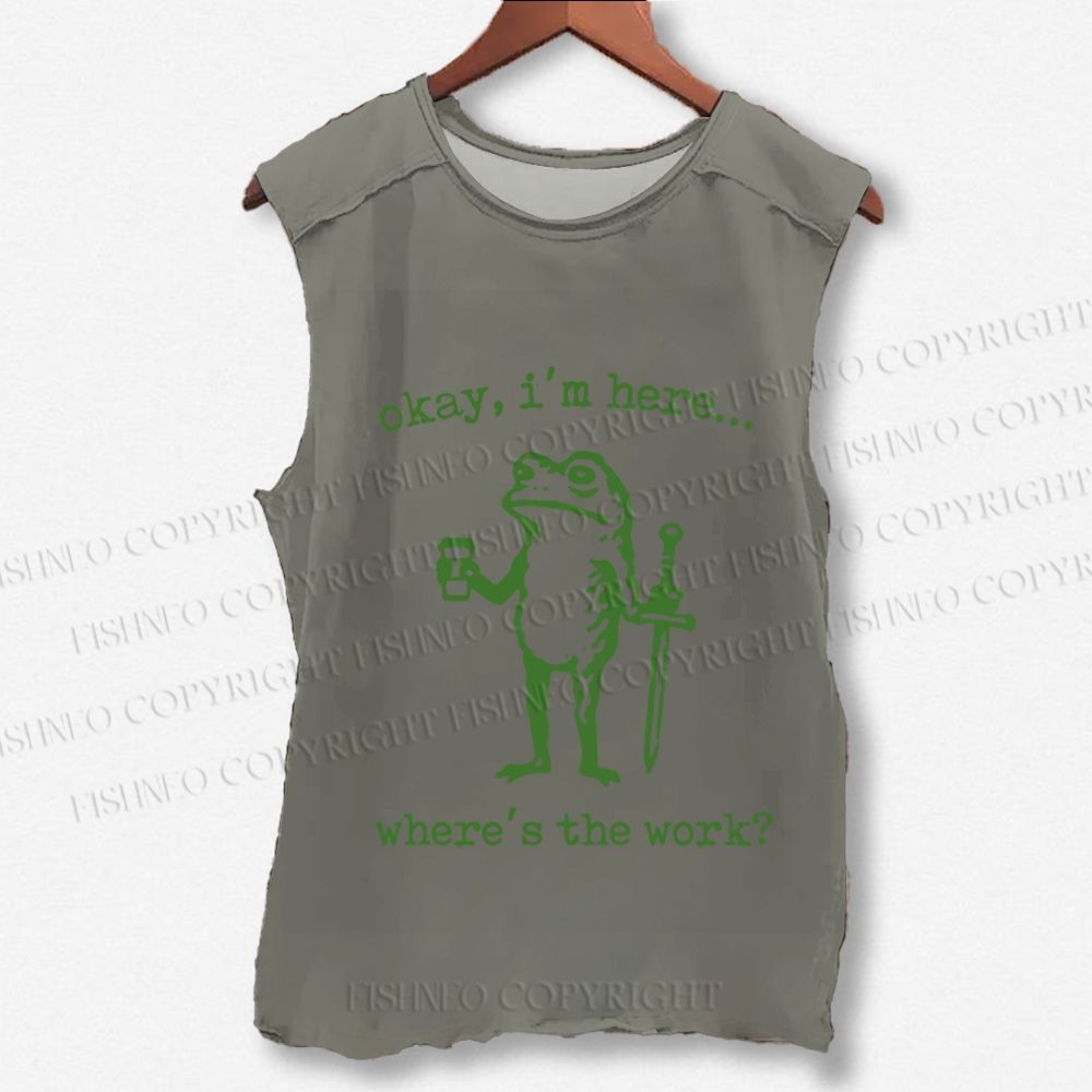 Unisex Vintage Where Is The Work Frog Printed Washed Tank Top