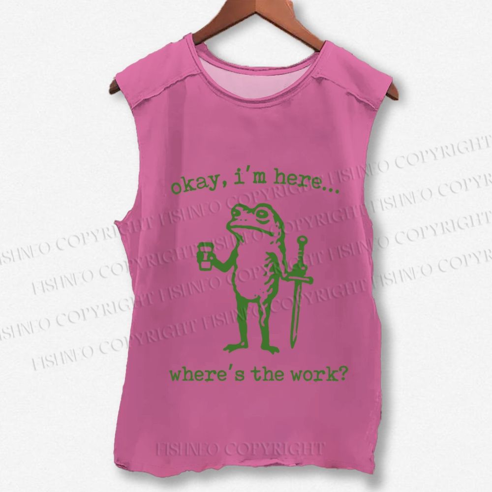 Unisex Vintage Where Is The Work Frog Printed Washed Tank Top