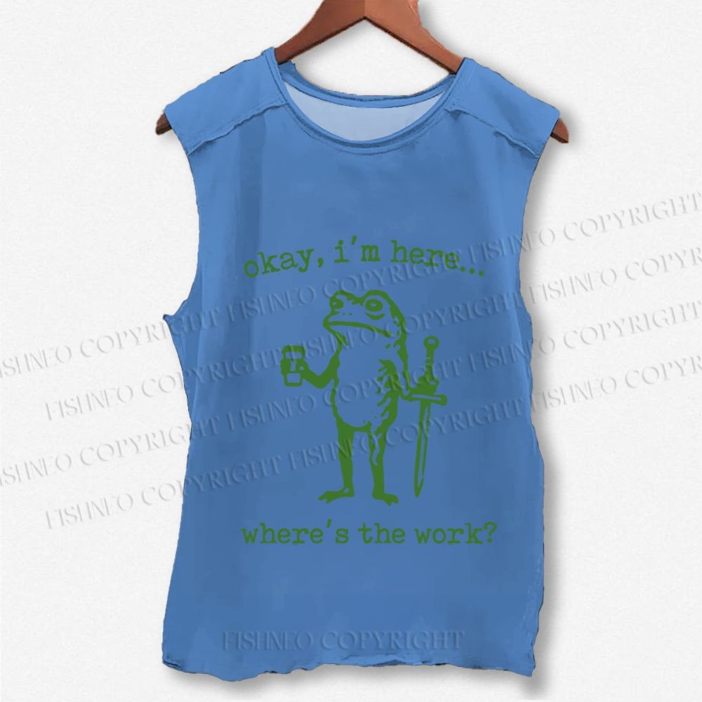 Unisex Vintage Where Is The Work Frog Printed Washed Tank Top