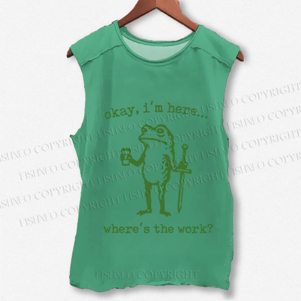 Unisex Vintage Where Is The Work Frog Printed Washed Tank Top