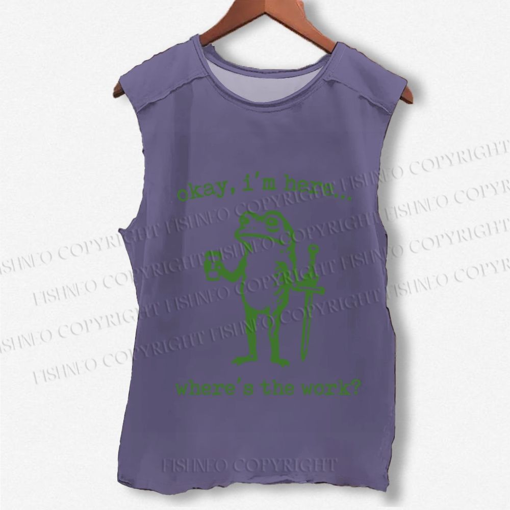 Unisex Vintage Where Is The Work Frog Printed Washed Tank Top