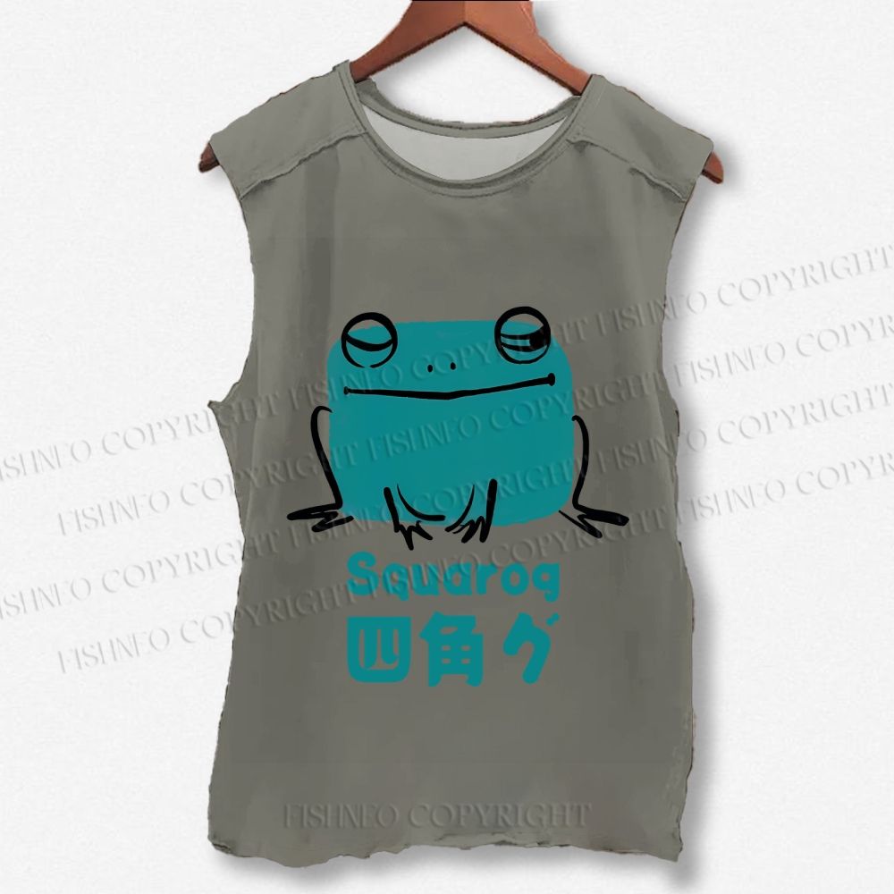 Unisex Funny Square Frog Printed Washed Tank Top