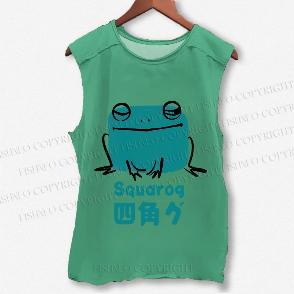 Unisex Funny Square Frog Printed Washed Tank Top