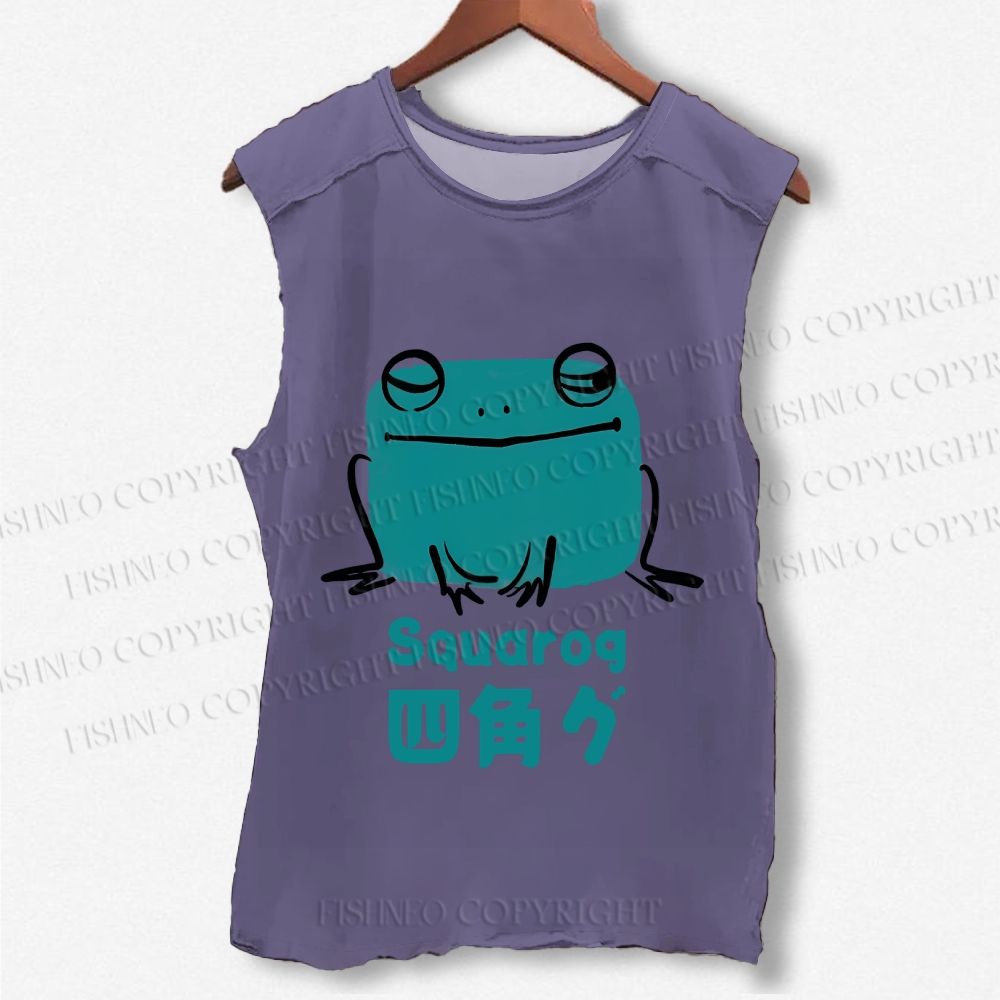Unisex Funny Square Frog Printed Washed Tank Top