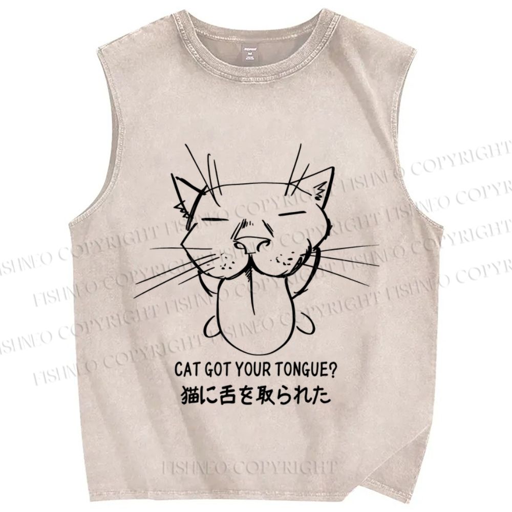 Unisex Funny Cat Got Your Tongue Printed Washed Tank Top