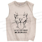 Unisex Funny Cat Got Your Tongue Printed Washed Tank Top