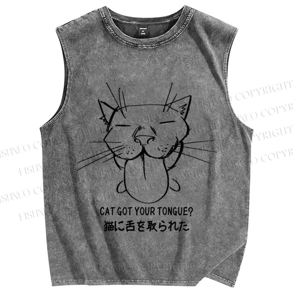 Unisex Funny Cat Got Your Tongue Printed Washed Tank Top