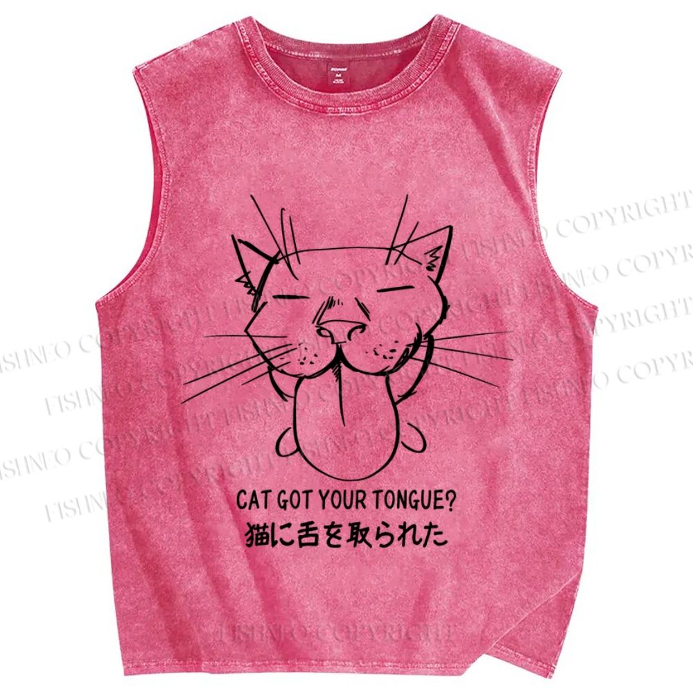 Unisex Funny Cat Got Your Tongue Printed Washed Tank Top