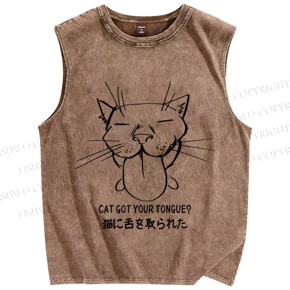 Unisex Funny Cat Got Your Tongue Printed Washed Tank Top