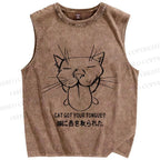 Unisex Funny Cat Got Your Tongue Printed Washed Tank Top