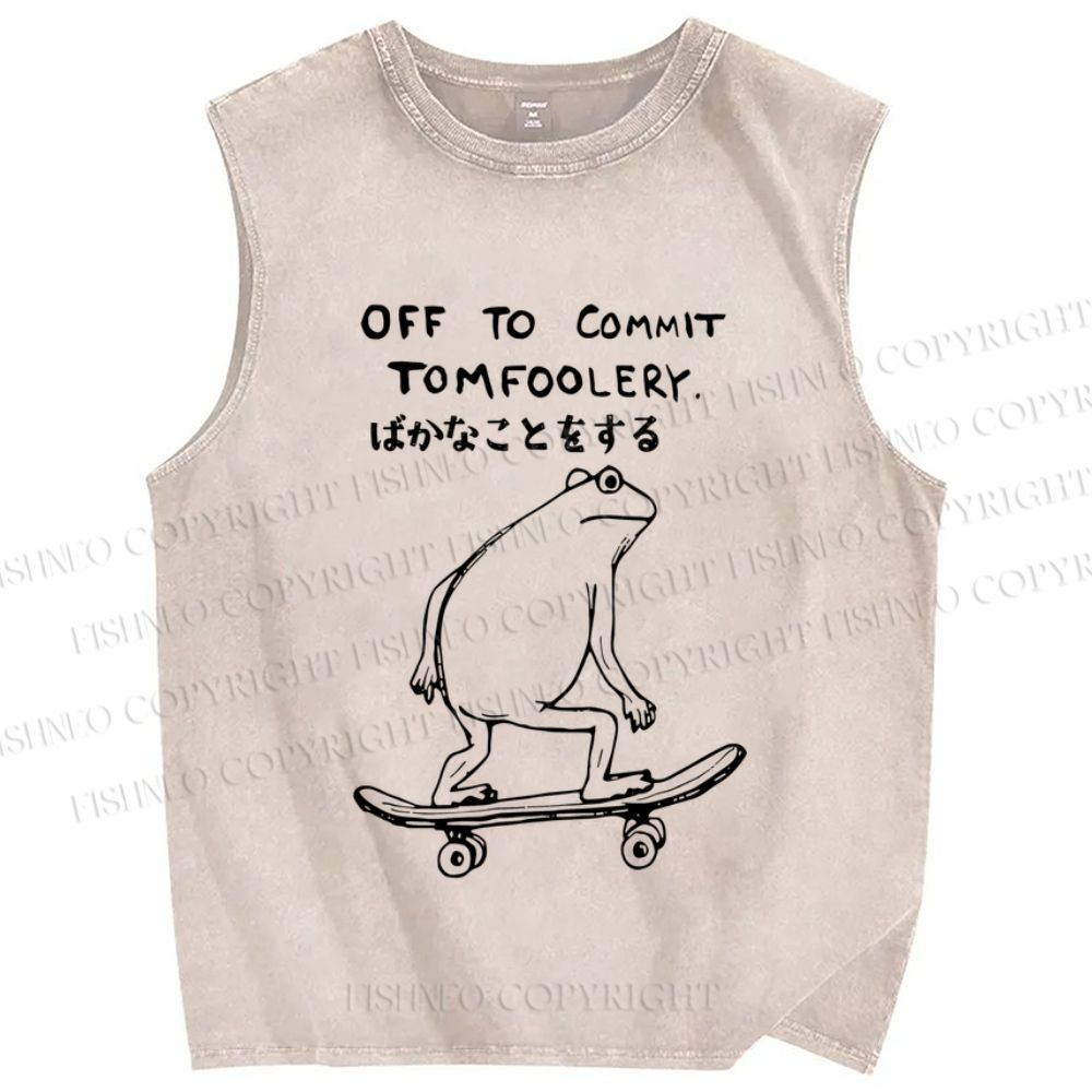 Unisex Skating Frog Off To Commit Tomfoolery Printed Washed Tank Top