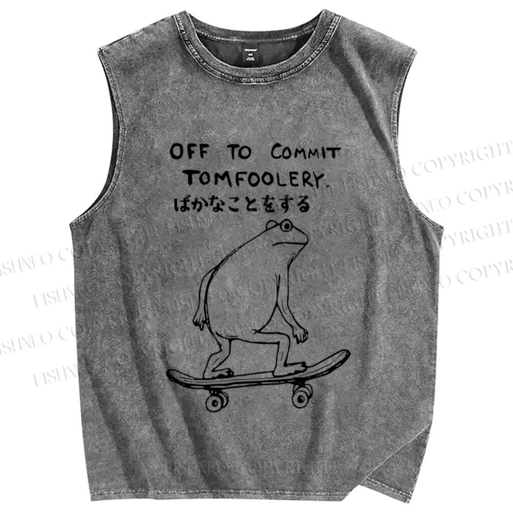 Unisex Skating Frog Off To Commit Tomfoolery Printed Washed Tank Top