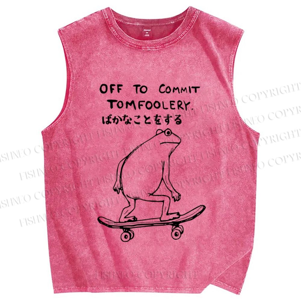 Unisex Skating Frog Off To Commit Tomfoolery Printed Washed Tank Top