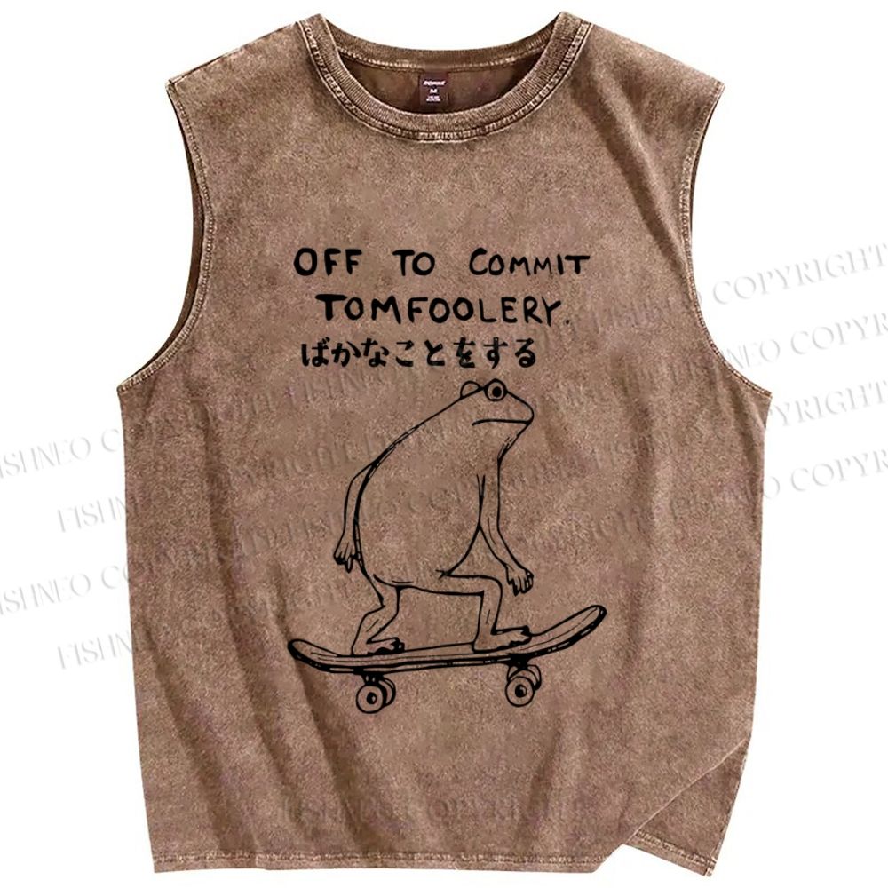 Unisex Skating Frog Off To Commit Tomfoolery Printed Washed Tank Top
