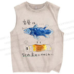 Unisex Fish Spine Printed Washed Tank Top