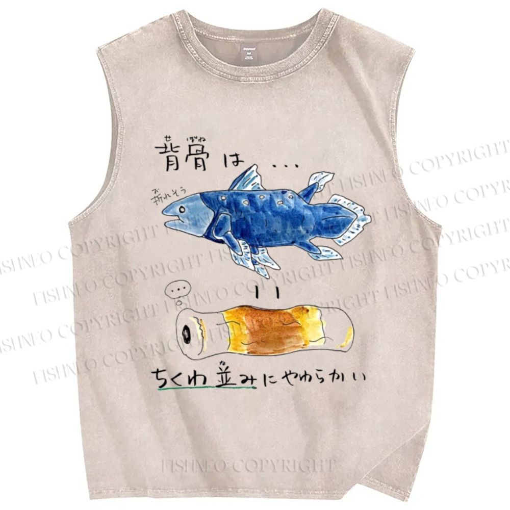 Unisex Fish Spine Printed Washed Tank Top