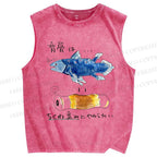 Unisex Fish Spine Printed Washed Tank Top