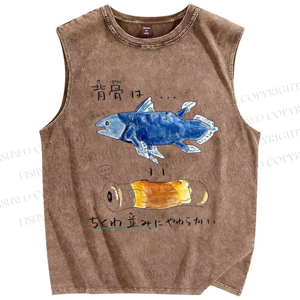 Unisex Fish Spine Printed Washed Tank Top