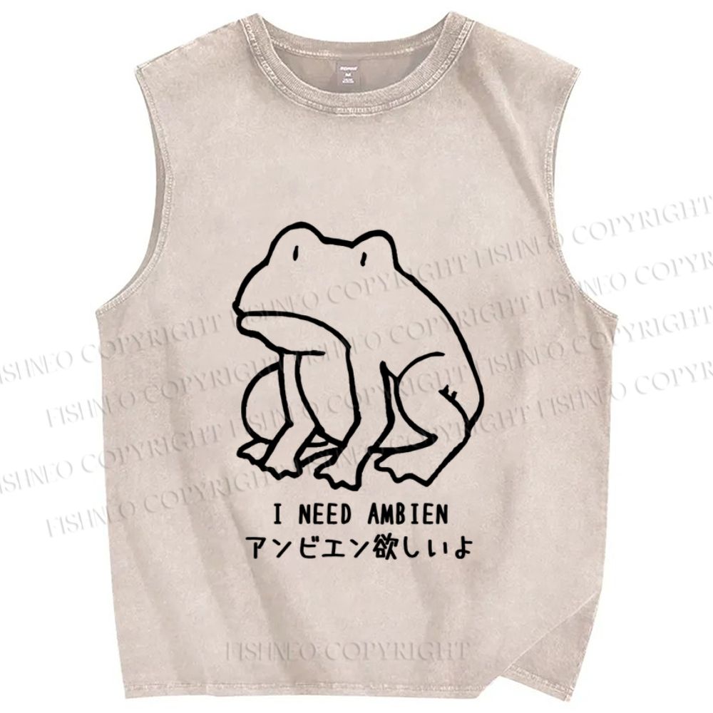 Unisex I need Ambien Silly Frog Printed Washed Tank Top
