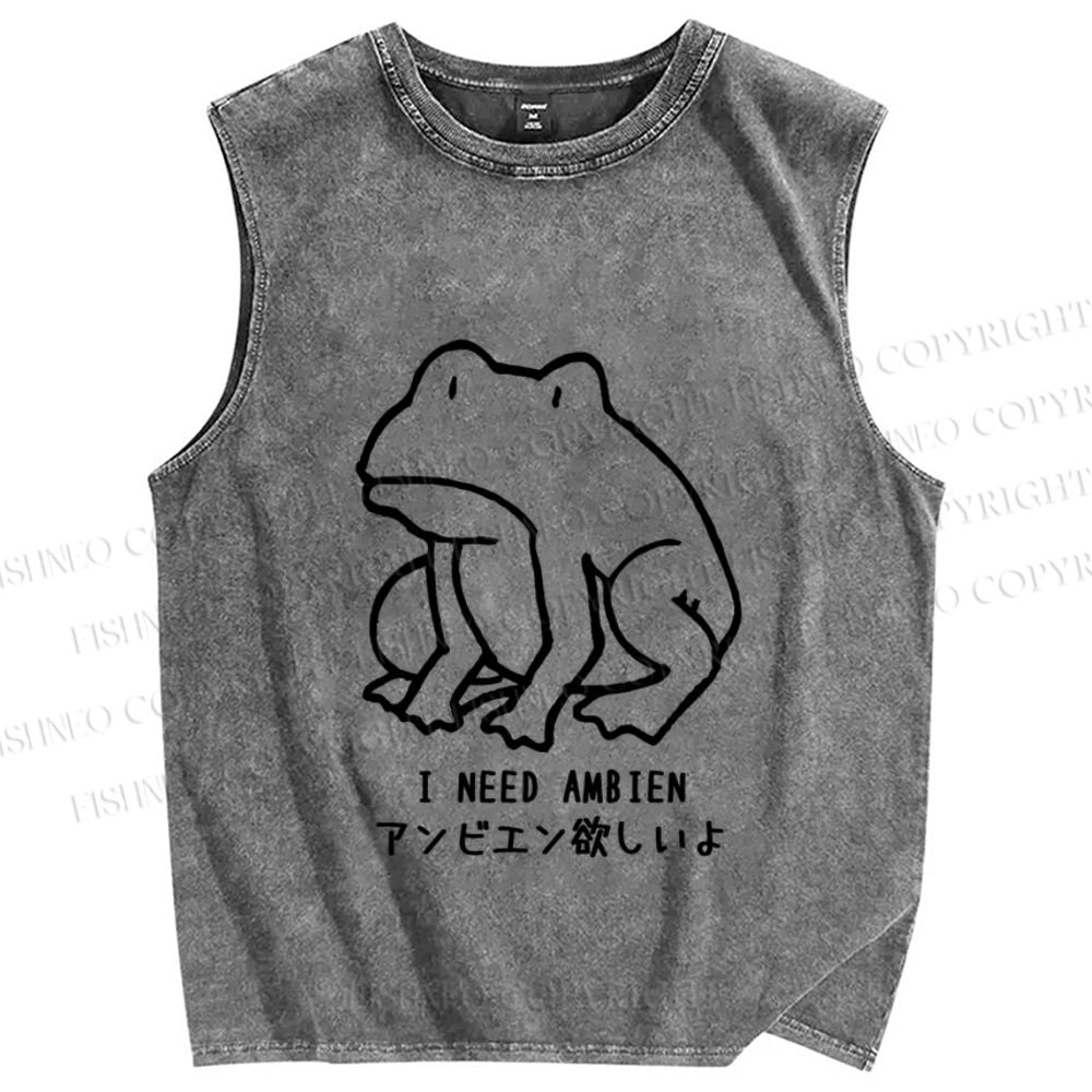 Unisex I need Ambien Silly Frog Printed Washed Tank Top