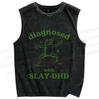 Unisex Vintage Frog Diagnosed Printed Washed Tank Top