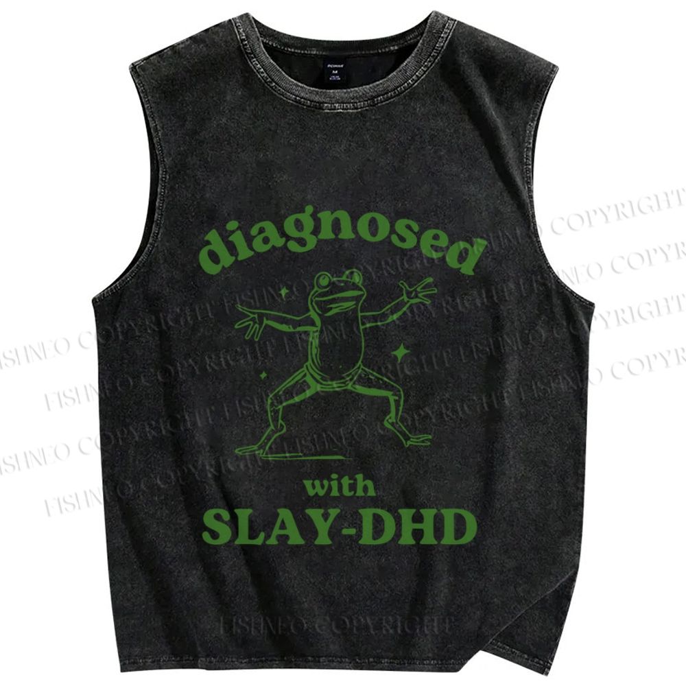 Unisex Vintage Frog Diagnosed Printed Washed Tank Top