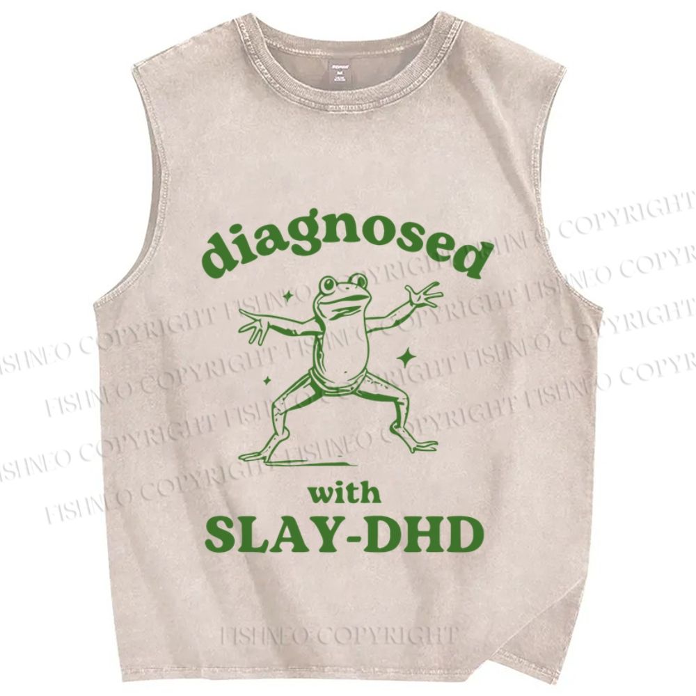 Unisex Vintage Frog Diagnosed Printed Washed Tank Top