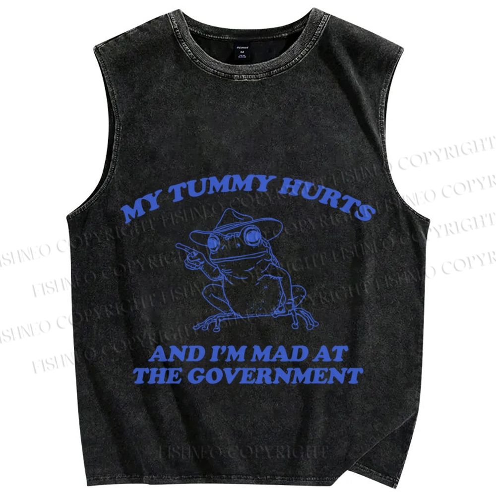 Unisex Tummy Hurts Mad At Government Vintage Frog Printed Washed Tank Top