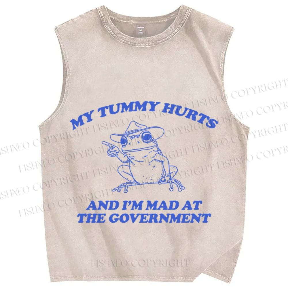 Unisex Tummy Hurts Mad At Government Vintage Frog Printed Washed Tank Top