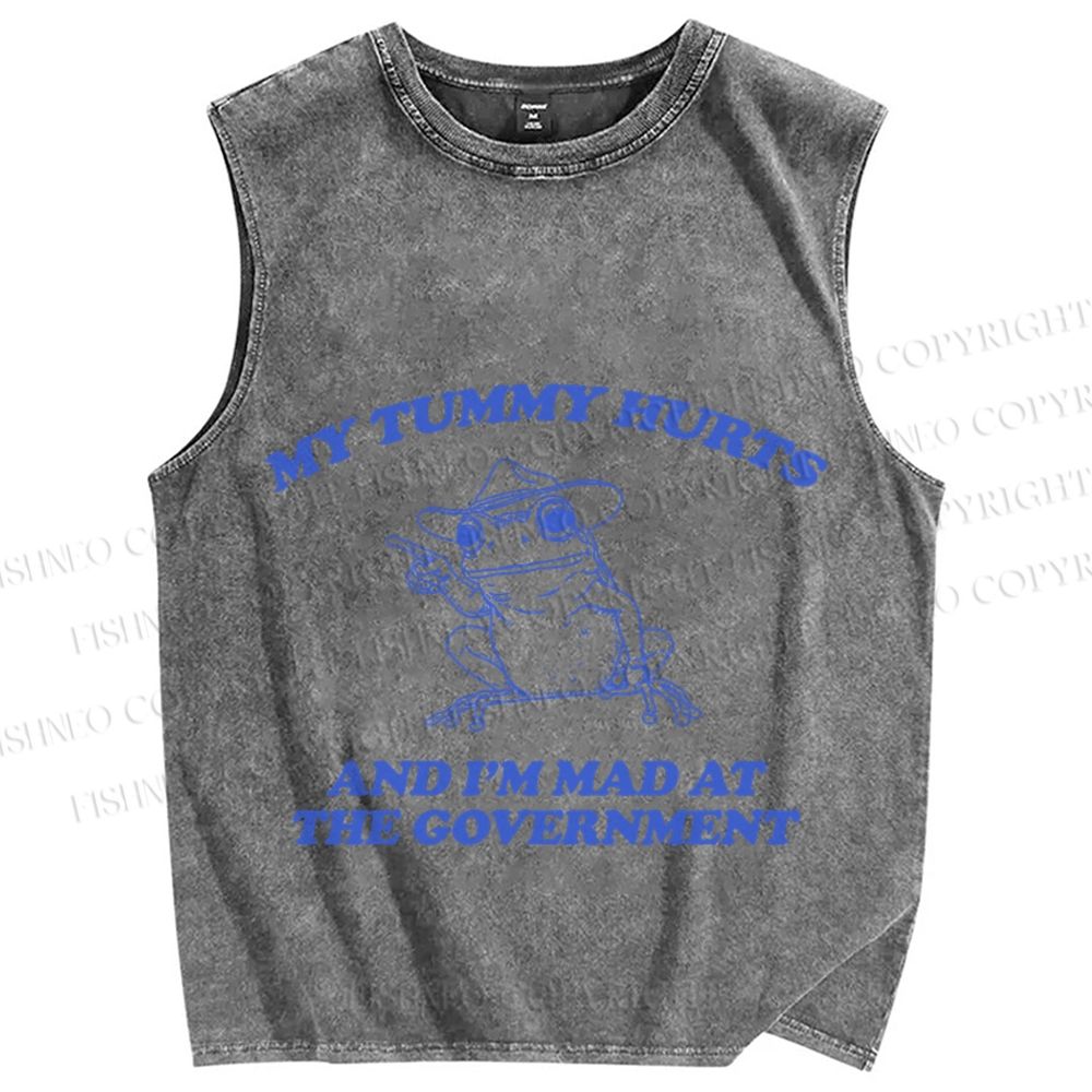 Unisex Tummy Hurts Mad At Government Vintage Frog Printed Washed Tank Top