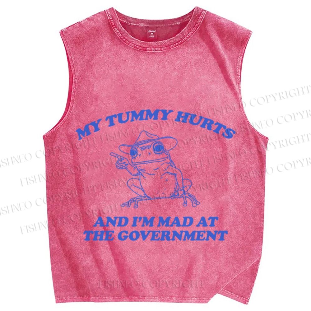 Unisex Tummy Hurts Mad At Government Vintage Frog Printed Washed Tank Top