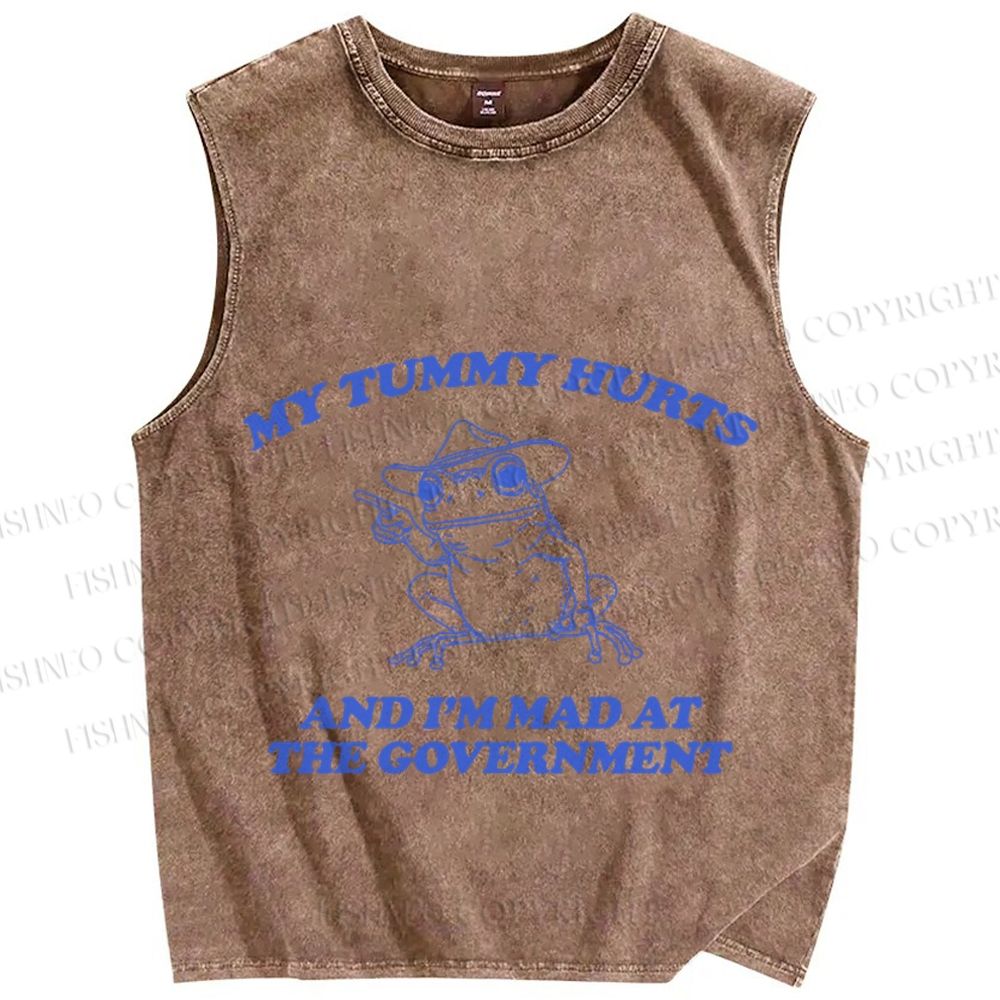 Unisex Tummy Hurts Mad At Government Vintage Frog Printed Washed Tank Top