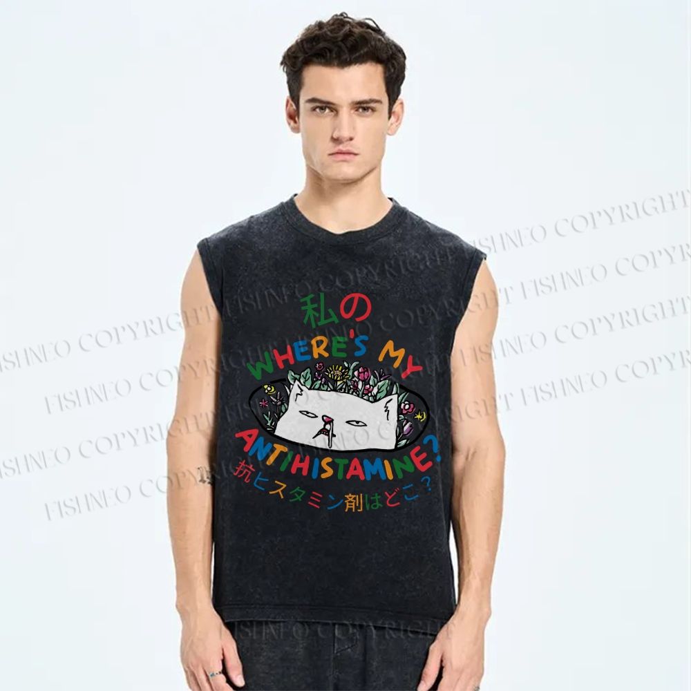 Unisex Where's My Antihistamine Printed Washed Tank Top