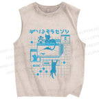 Unisex Cat Printed Washed Tank Top