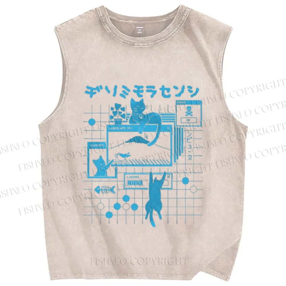 Unisex Cat Printed Washed Tank Top