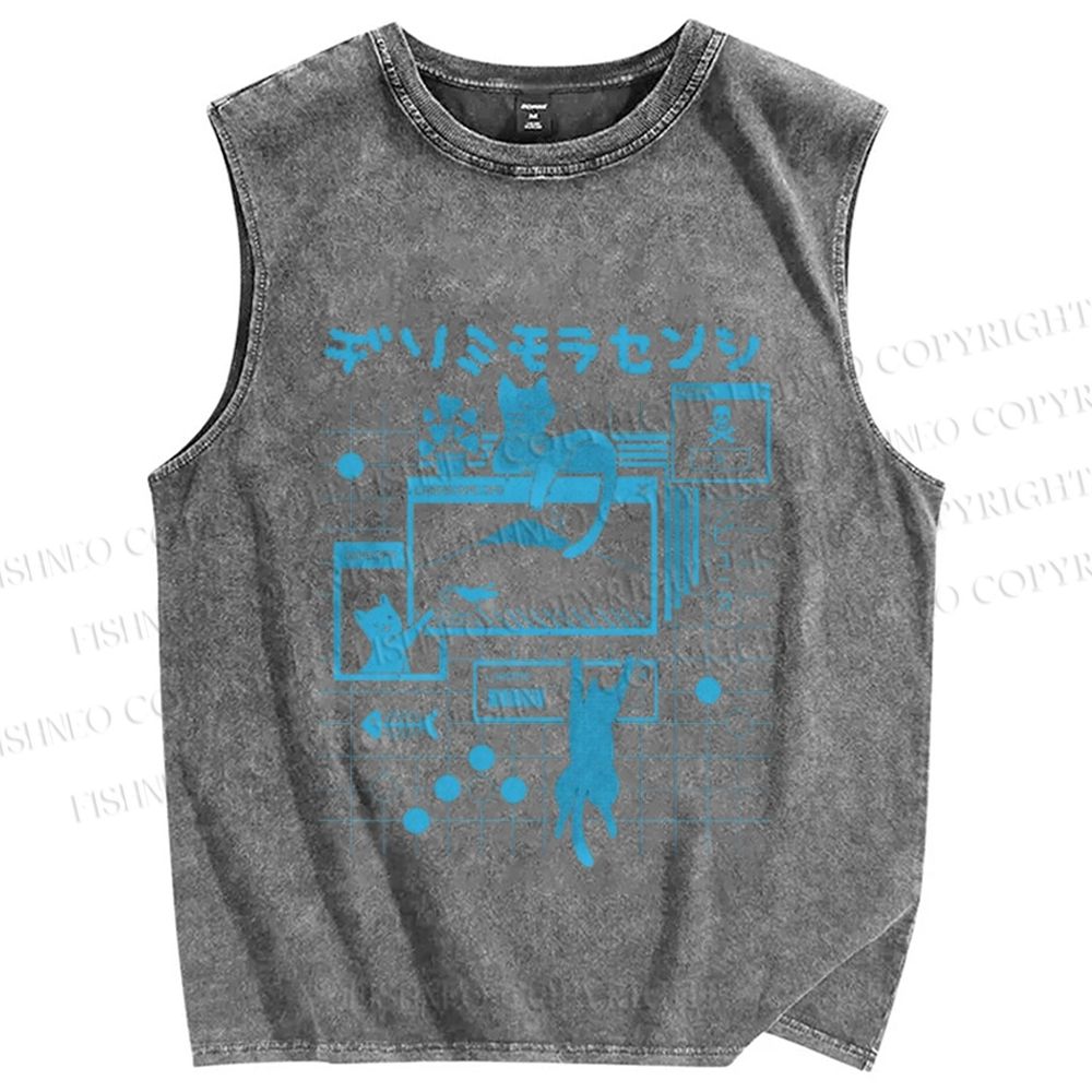 Unisex Cat Printed Washed Tank Top