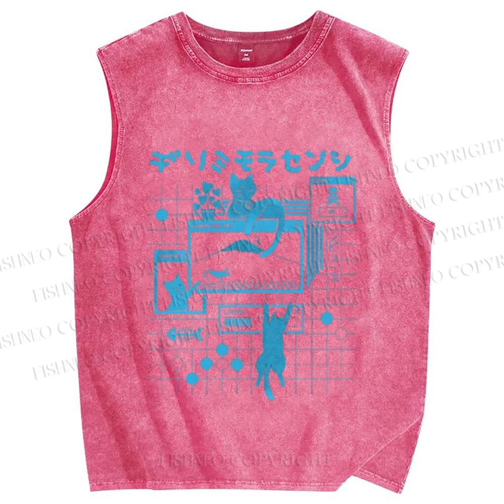 Unisex Cat Printed Washed Tank Top