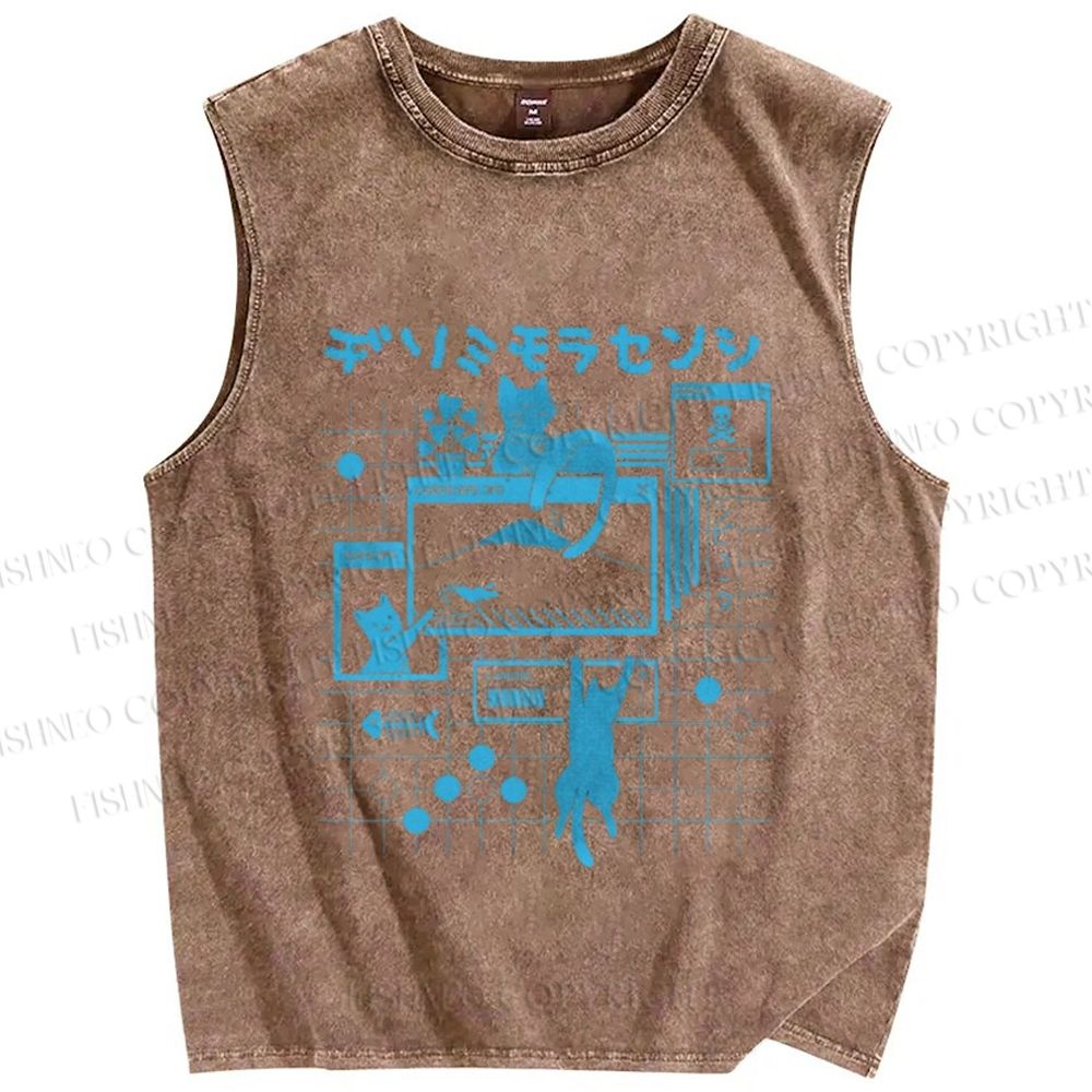 Unisex Cat Printed Washed Tank Top