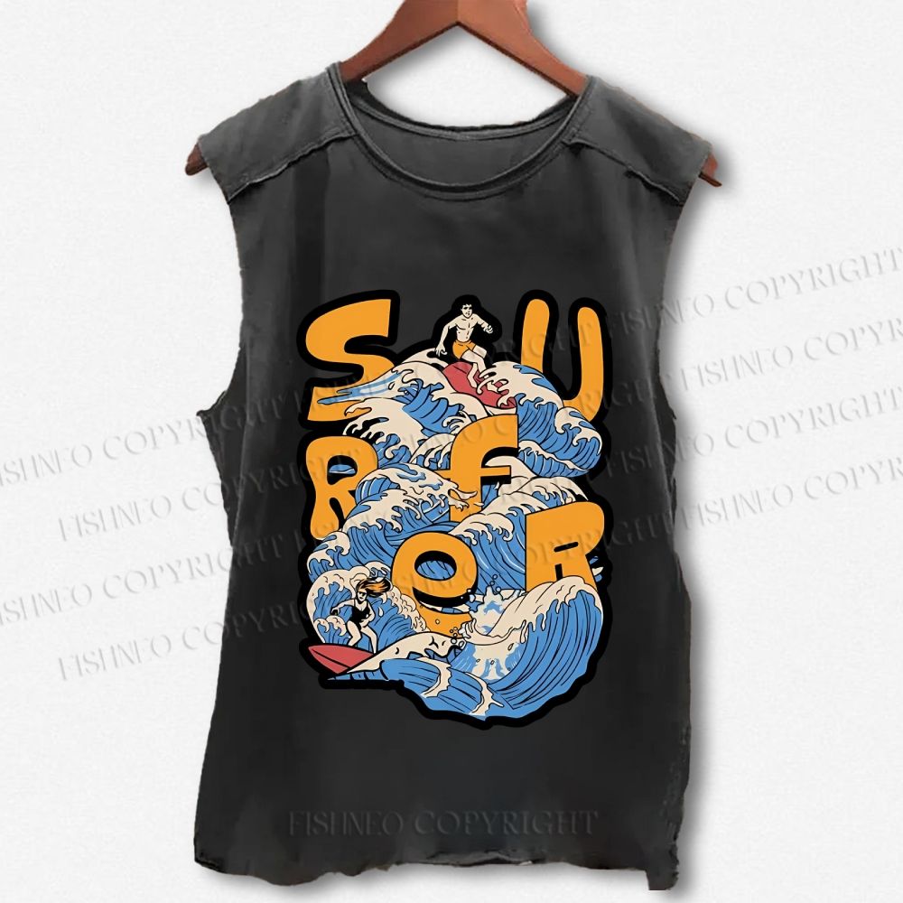 Unisex Wave Surfer Printed Washed Tank Top